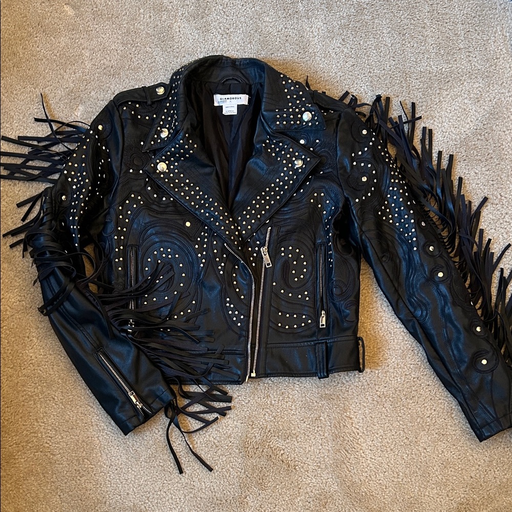 Glamorous Black Leather Jacket with Studs and Fringe